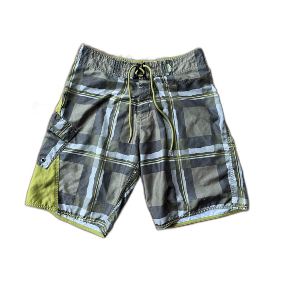 SIMS Green Gray Plaid Checked Swim Wear Board Shorts Trunks   Mens Size 32 - Picture 1 of 6